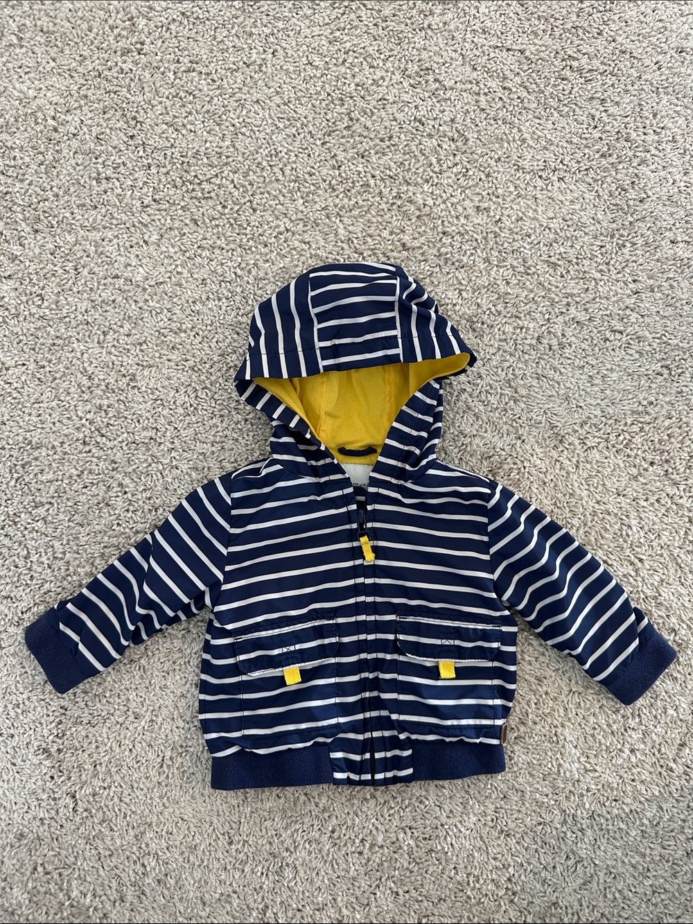 Janie and Jack Navy and White Striped Hooded Jacket with Yellow Lining